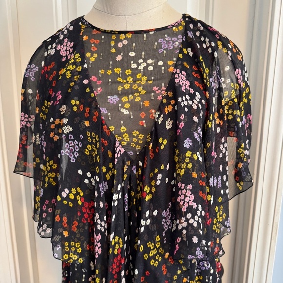See by Chloe 34 (US 4) 100% Silk Black Floral Dress ~ Sheer Ruffle Cocktail - Picture 3 of 11